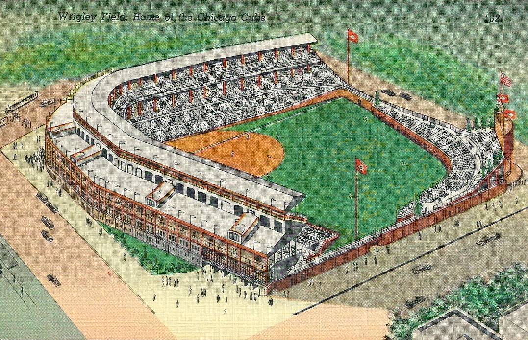 1077x695 postcard chicago wrigley field aerial drawing - Wrigley Field Drawing