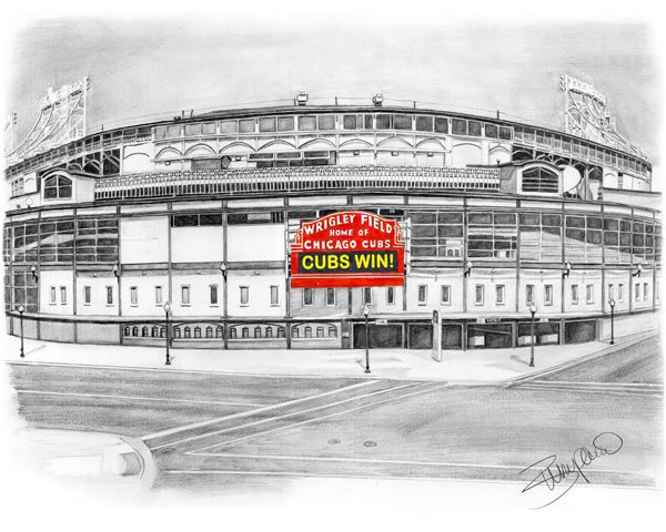 600x480 pencil portrait of wrigley field, home of the chicago cubs drawn - Wrigley Field Drawing