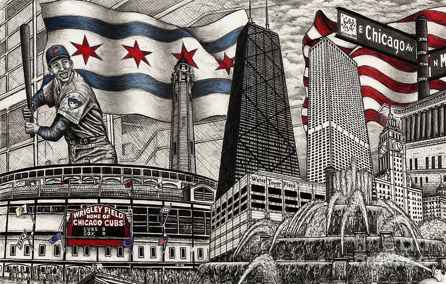 900x573 chicago cubs, ernie banks, wrigley field drawing - Wrigley Field Drawing