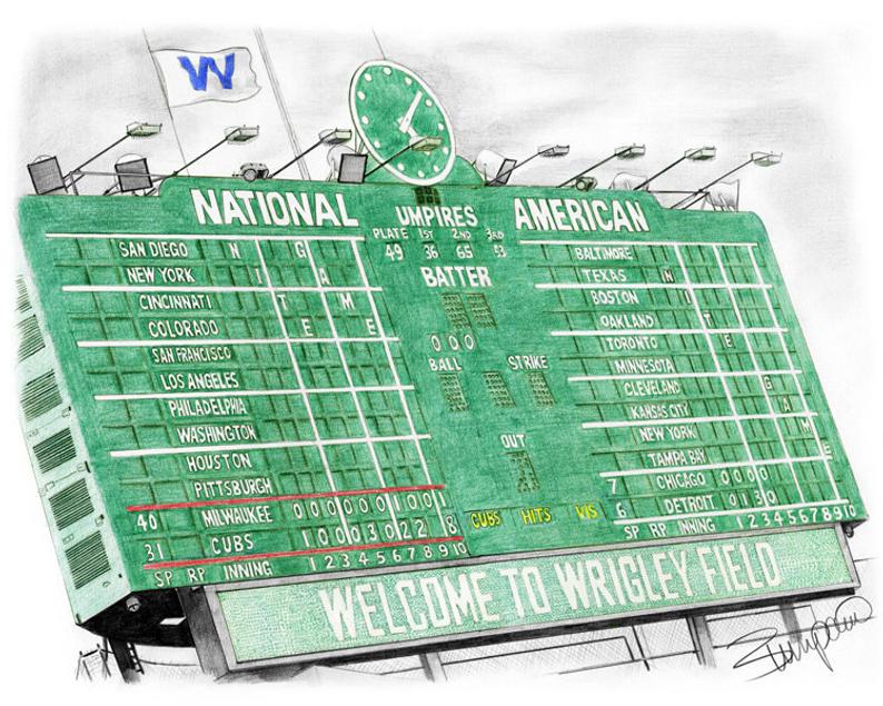 794x635 chicago cubs wrigley field scoreboard pencil drawing etsy - Wrigley Field Drawing