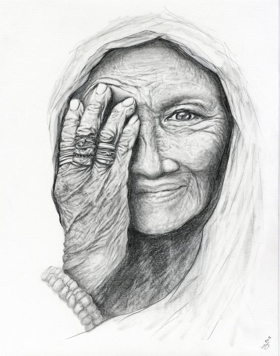 570x725 Portrait Drawing Pencil Old Lady Woman Wrinkles Etsy - Wrinkles Drawing