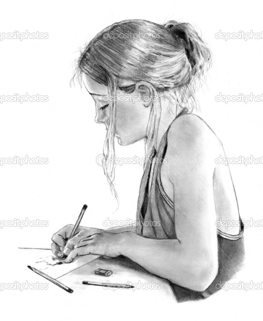 839x1024 Girl Drawings Pencil Drawing Of Girl Writing, Drawing Stock - Writing Drawing