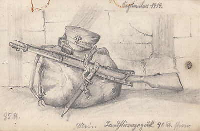 400x263 original wwi trench art drawing german landsturm hat gear mobilize - Ww1 Trench Drawing