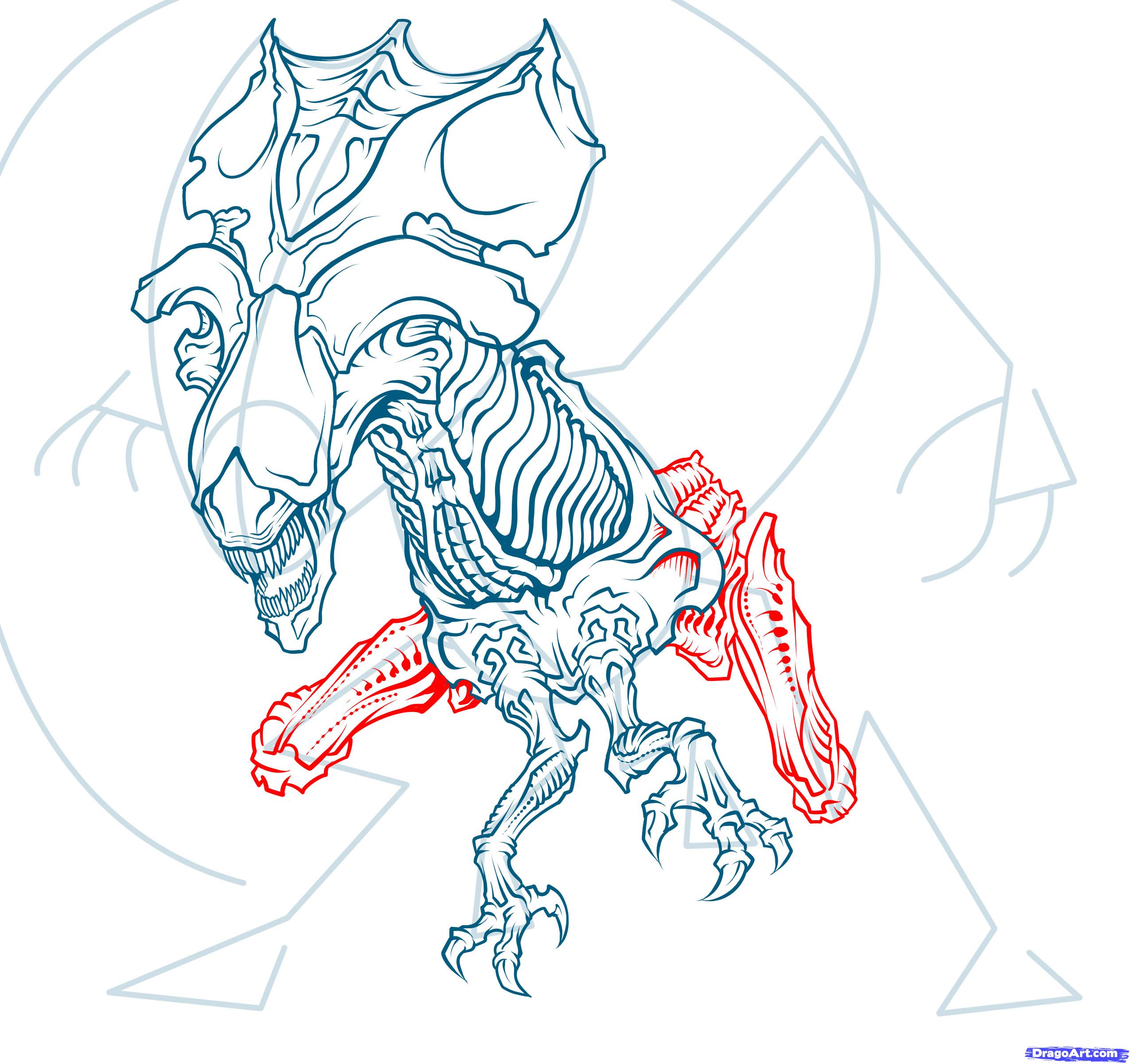 2550x2400 Step How To Draw A Queen Alien, Queen Xenomorph - Xenomorph Drawing