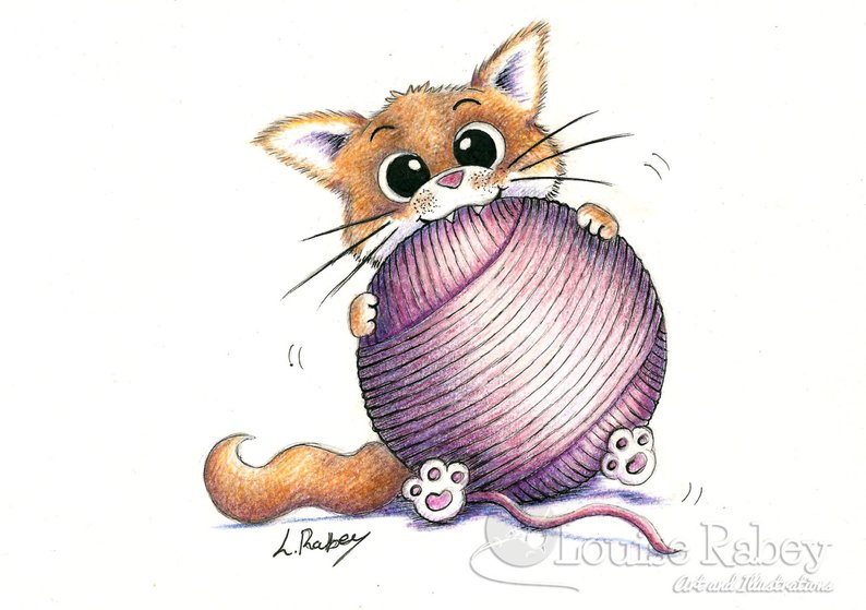 794x559 print of original drawing kitten playing with a ball of yarn etsy - Yarn Drawing