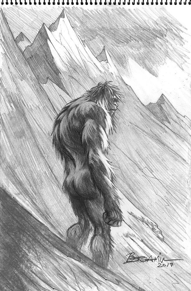 657x1000 The Yeti Original Pencil Drawing Bergamin Art - Yeti Drawing