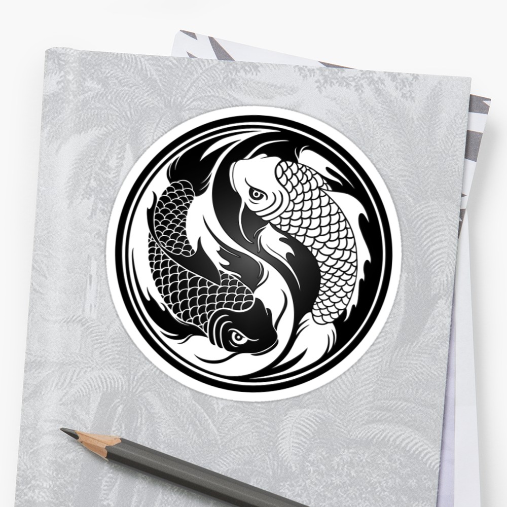 1000x1000 black and white yin yang koi fish sticker - Yin Yang Drawing Designs