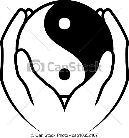 438x470 Vector Illustration Of Hands Holding Yin Yang Symbol - Ying Yang Drawing