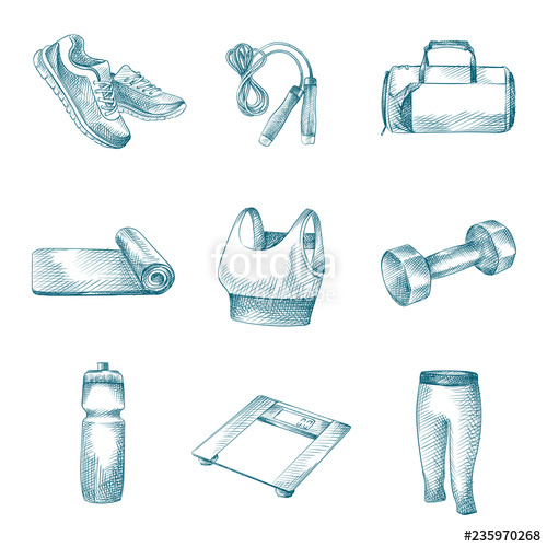 500x500 Hand Drawn Fitness And Gym Equipment Sketches Set Collection - Yoga Mat Drawing
