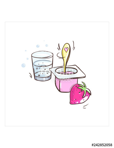 387x500 yogurt drawing, spoon, heart, strawberry, water glass, children - Yogurt Drawing