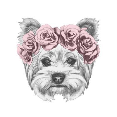 400x400 portrait of yorkshire terrier dog with floral head wreath hand - Yorkshire Terrier Drawing
