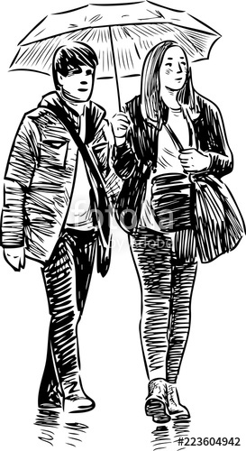 273x500 sketch of a young couple of townspeople walking under an umbrella - Young Couple Drawing