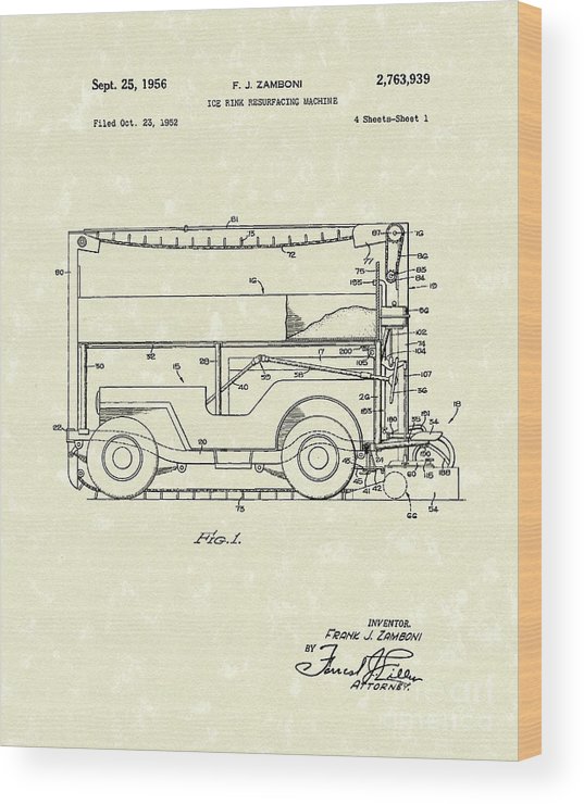 537x740 Zamboni Patent Art Wood Print - Zamboni Drawing