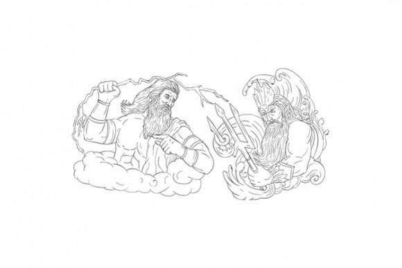 580x387 zeus vs poseidon black and white drawing - Zeus Drawing