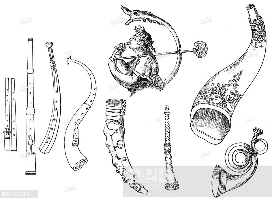 943x699 historical drawing, various forms of old brass instruments, zinc - Zinc Drawing