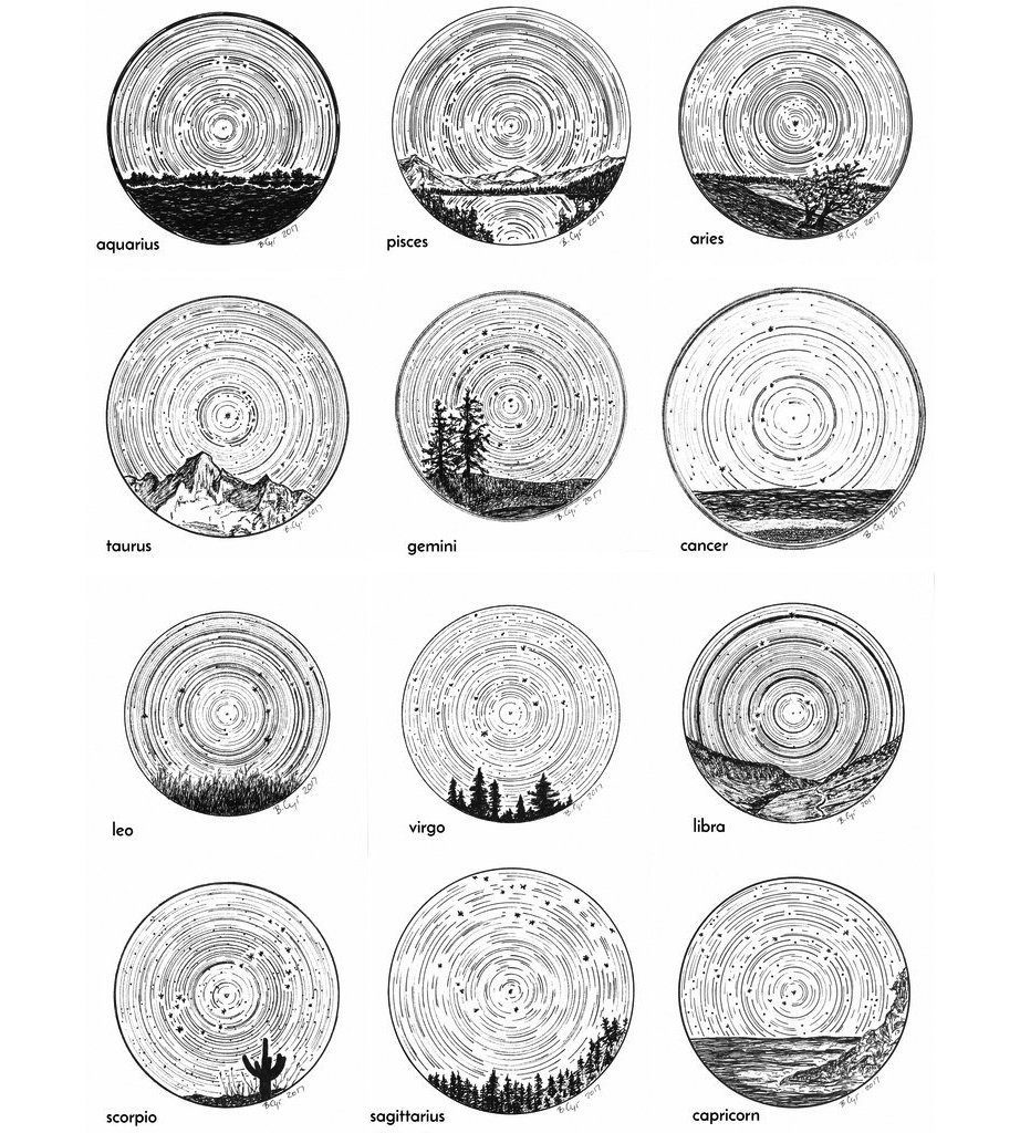 922x1024 Star Trails - Zodiac Drawings
