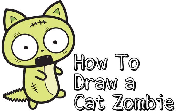 600x378 How To Draw A Cat Zombie For Halloween Easy Step - Zombie Cat Drawing