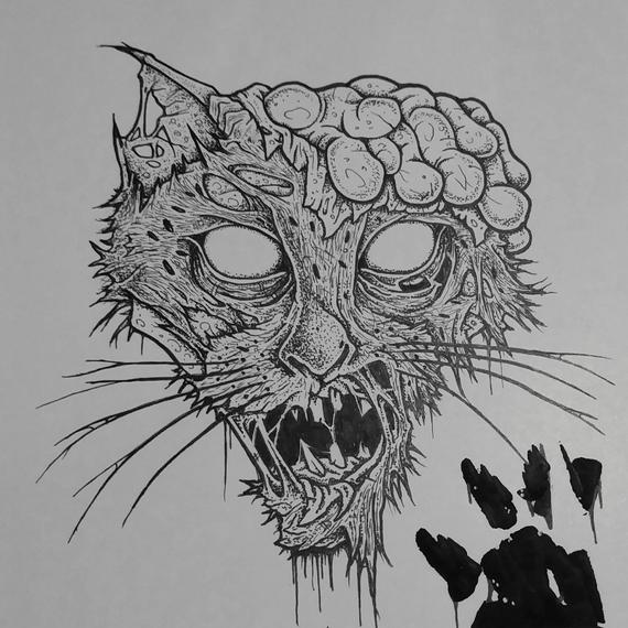 570x570 Zombie Cat Original Pen Drawing Etsy - Zombie Cat Drawing