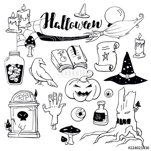 500x500 Halloween Black And White Doodle Picture Set Vector Hand Drawn - Zombie Hand Drawing