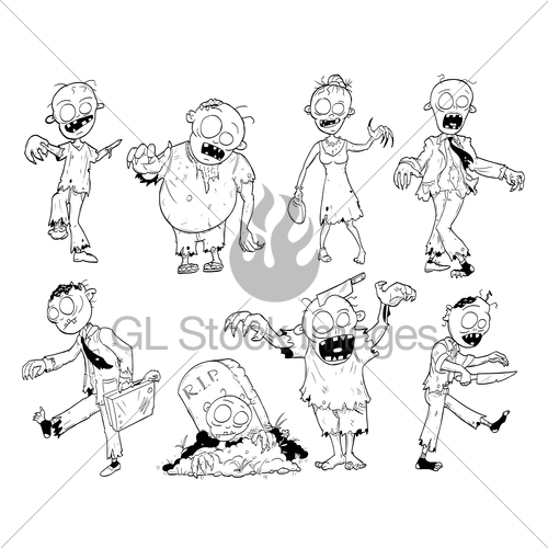 500x500 Set Of Cute Hand Drawing Halloween Zombie Illustrations Gl Stock - Zombie Hand Drawing