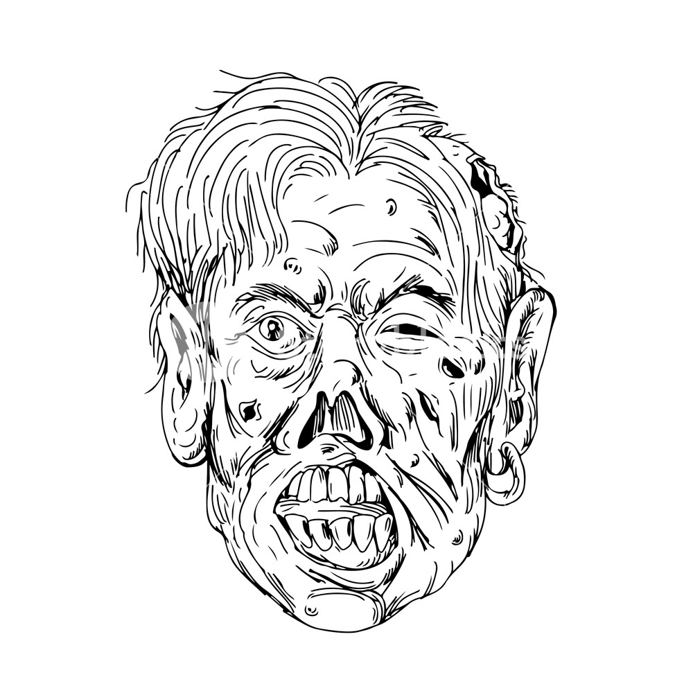 1000x1000 Drawing Sketch Style Illustration Of A Zombie Head, A Fictional - Zombie Mouth Drawing