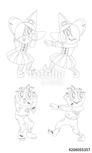 300x500 Black And White Outline Drawing Of Witch And Zombie Stock Image - Zombie Outline Drawing