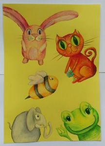 216x300 Original Drawing Cartoon Zoo Animals Pets Frog, Bunny, Bee - Zoo Cartoon Drawing