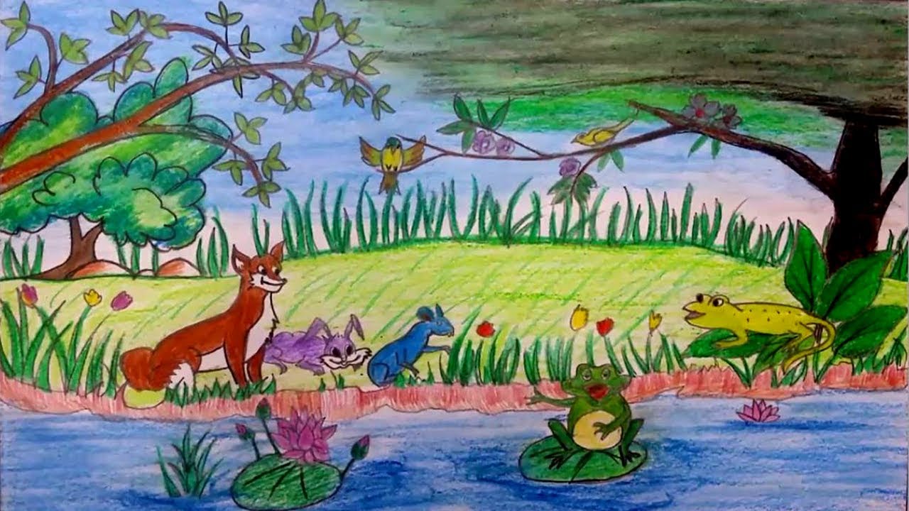 1280x720 How To Draw A Scenery Of Kids Zoo With Oil Pastel Colours - Zoo Drawing For Kid