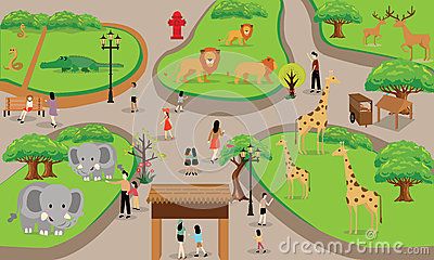 400x240 Zoo Cartoon People Family With Animals Scene Vector Illustration - Zoo Drawing For Kid