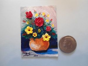 300x225 Orange Pot With Flowers 3d Aceo Acrylic Miniature Painting By - 3d Watercolor Painting
