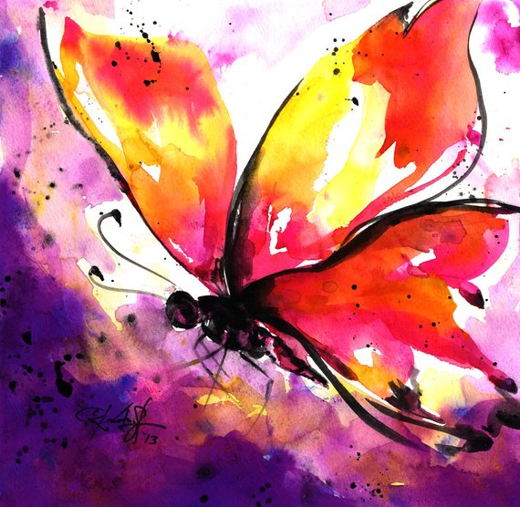 570x556 Butterfly Watercolor Painting Pink Purple Yellow Purple Etsy - Abstract Butterfly Watercolor