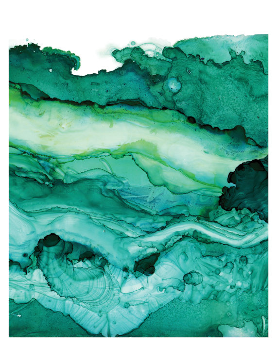 570x713 Undercurrent Emerald Ink Art Print, Ocean Art, Surf Watercolor - Abstract Water Color Art