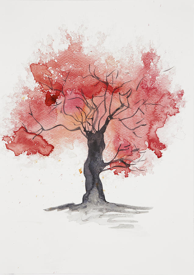 636x900 Abstract Watercolour Tree In Red Painting By Steve And Jenni Thorp - Abstract Watercolor