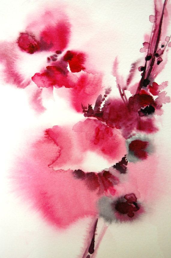 570x857 Watercolor Painting. Abstract Minimalist Flowers. Scarlet Red Pink - Abstract Watercolor Flower Paintings