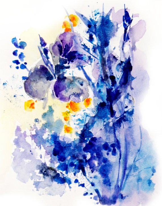 570x725 Blue Abstract Flowers Watercolor Painting Art Print Floral Dise O - Abstract Watercolor Flowers