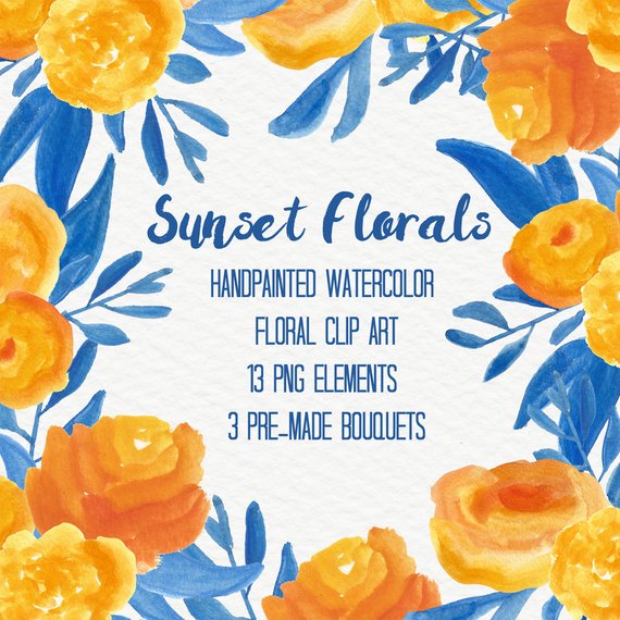 570x570 Yellow Blue Abstract Watercolor Flowers Floral Clip Art Etsy - Abstract Watercolor Flowers