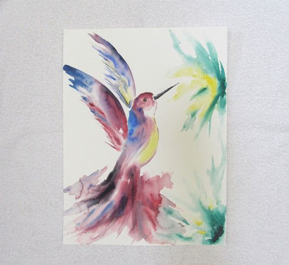 570x523 Abstract Hummingbird Original Watercolor Painting, 12x16 Inches - Abstract Watercolor Hummingbird