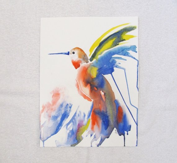 570x527 Abstract Hummingbird Original Watercolor Painting 12x16 Etsy - Abstract Watercolor Hummingbird