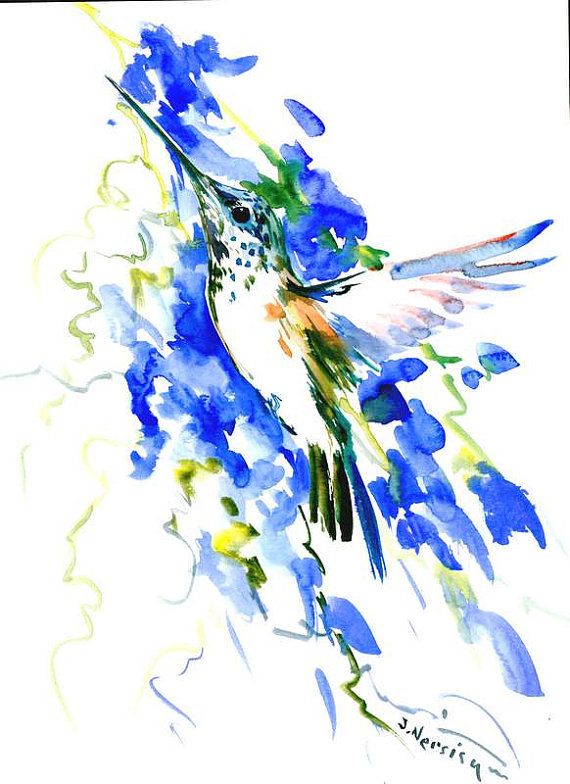 570x784 Flying Hummingbird And Blue Flowers, Original Abstract Watercolor - Abstract Watercolor Hummingbird