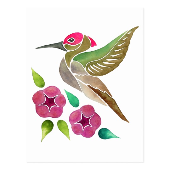 540x540 Fun Hummingbird And Flowers Abstract Painting Postcard - Abstract Watercolor Hummingbird