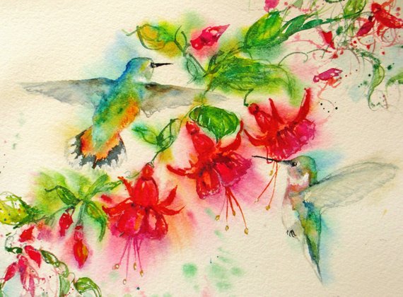 570x420 Hummingbird Art Print Abstract Watercolor Painting Fuschia Etsy - Abstract Watercolor Hummingbird