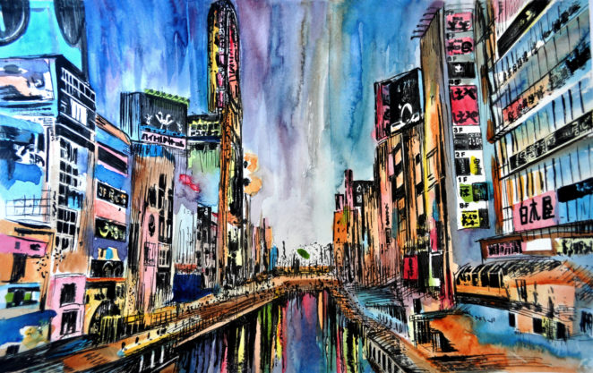 662x417 Canal In Osaka Abstract Watercolor Landscape Painting By Alex - Abstract Watercolor Landscape