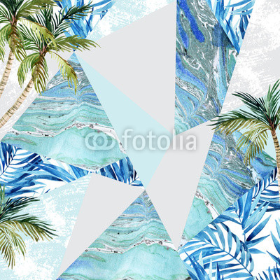 400x400 Abstract Watercolor Triangle And Exotic Leaves Pattern. Buy - Abstract Watercolor Leaves