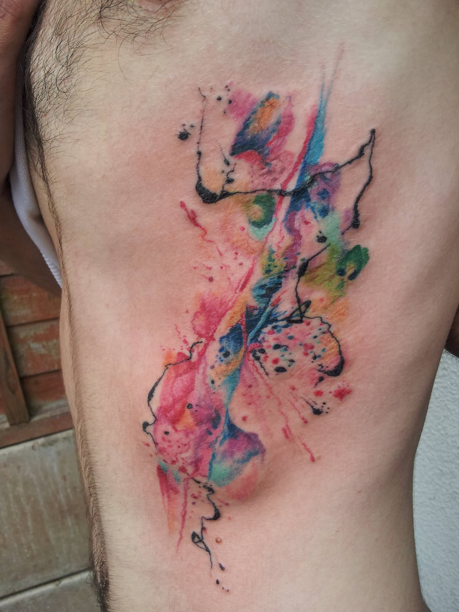 1600x2133 Watercolor Abstract Tattoo On Man Side Rib - Abstract Watercolor Tattoo