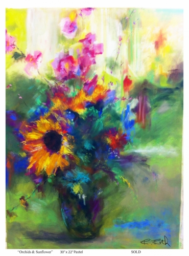 370x500 Painting Orchids Ampamp Sunflower (Original Art By Roseann Roth) - Acrylic And Watercolor Mixed Media