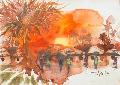 400x283 Original Signed Watercolor Painting Of An African Village - Adventure Watercolor