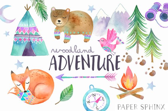 570x379 Watercolor Adventure Clipart Woodland Tribal Animals Clipart Etsy - Adventure Watercolor