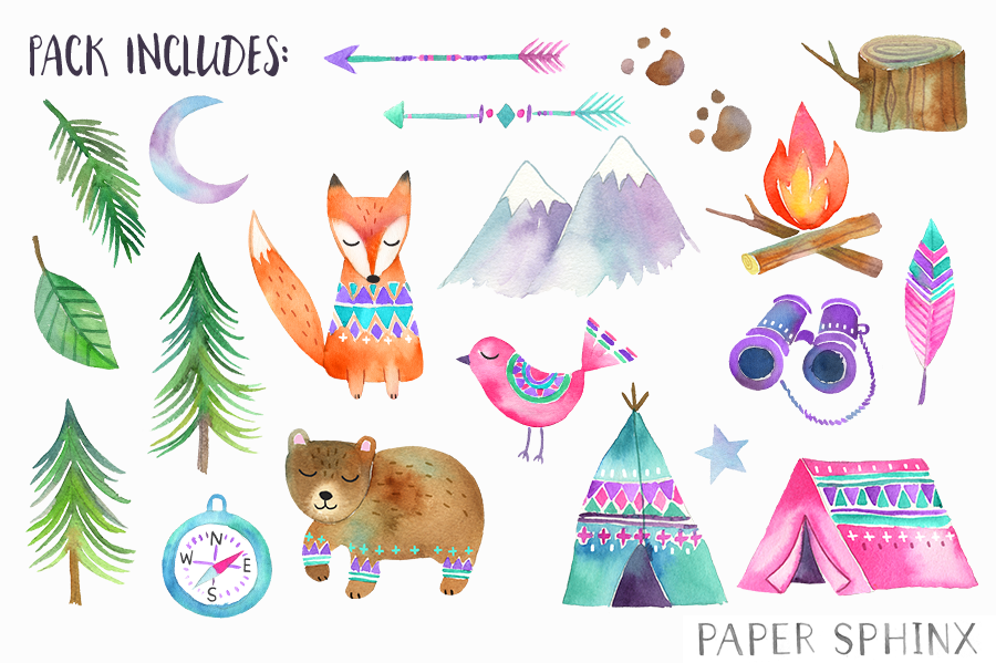 900x599 Woodland Adventure Watercolor Pack By Papersphinx On - Adventure Watercolor