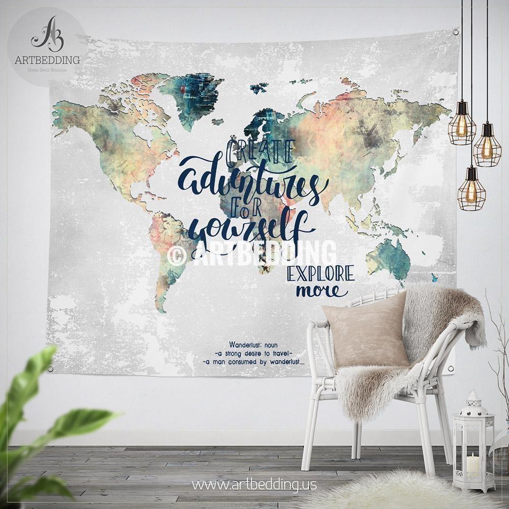 1000x1000 Adventure Wall Tapestry, World Map Watercolor Wall Hanging, Grunge - Adventure Watercolor