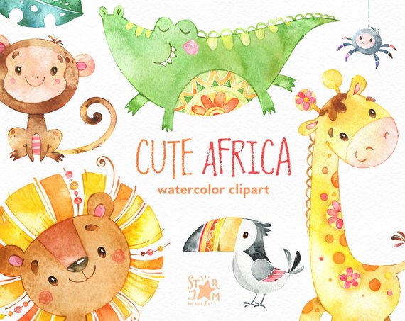 570x453 Cute Africa. Watercolor Animals Clipart Lion Giraffe Etsy - Africa Watercolor